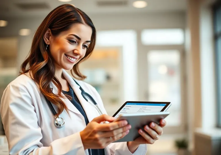 A doctor reviewing new patient requests on a tablet inside a bright, modern clinic — illustrating how verified physicians on Help Me Find A Doctor receive qualified patient leads.