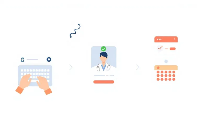 Three steps to finding a doctor on Help Me Find A Doctor: search by specialty and city, review a verified doctor profile, and book an appointment.